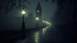 © Siriroj - Foggy Victorian Era London Street at Night with Glowing Street Lamps
