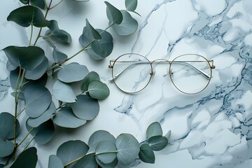 Poster - Elegant Glasses Surrounded by Lush Eucalyptus Leaves on a Marble Surface