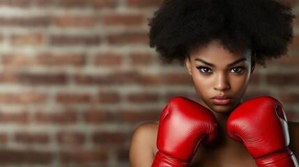 Fearless female athlete showcasing red boxing gloves against a blurry brick wall, beautiful art of generative