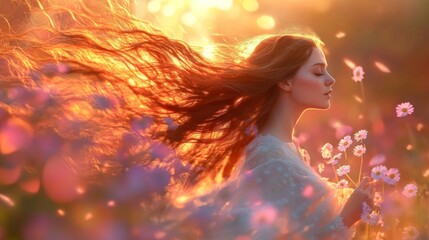 Enchanted wildflower goddess, Woman is holding camomiles and pink wild flowers in her hands, Woman with gorgeous brown hair lit by the sun and waving in the wind, 4K resolution, lens flare, motion