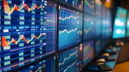 Poster - A wall filled with computer screens showcasing a variety of graphs and data visualizations, Videos of stocks and shares displayed on multiple computer screens