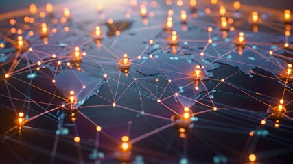 Poster - A map of the world featuring glowing lights representing various locations and continents, Individuals from different geographical locations linked together through a blockchain chain