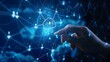 © Gendar SINURO - Hand touching a digital screen with icons of technology and online network connection, cloud storage, or security system on a dark blue background