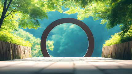 Poster - Circular Gateway in a Tranquil Garden, Leading to a Serene and Peaceful Landscape