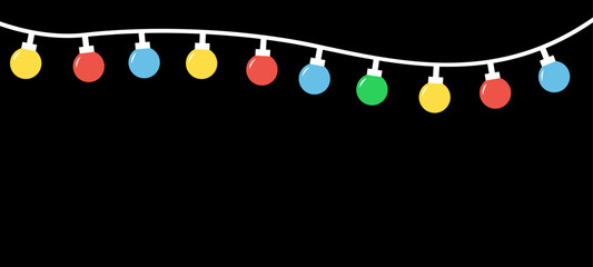 Wall Mural - Glowing lightbulb garland. Christmas lights set line banner. Colorful string fairy light. Cartoon holiday xmas decoration. Round shape. Rainbow color. Flat design. Isolated. Black background. Vector