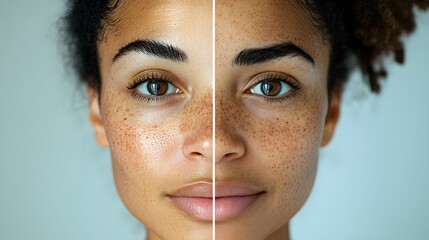 Before-and-after close-up of a woman's face, showing smooth skin texture after Botox and fading melasma spots, detailed comparison of pigmentation and wrinkles, Photorealistic, Natural Lighting