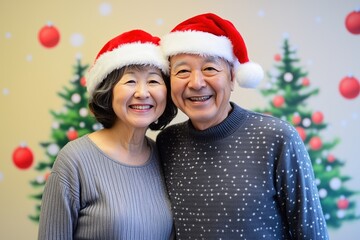 a joyful senior couple wearing santa hats smiles warmly at the camera. this festive portrait capture