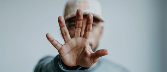 A man raises his hand in front of his face, conveying a gesture of pause or refusal. The image captures a thoughtful emotion in a light background.