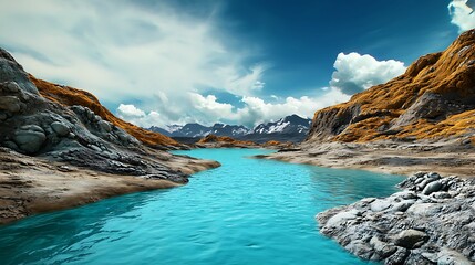 Wall Mural - Breathtaking turquoise river flowing through majestic mountains under a bright blue sky nature's serenity captured
