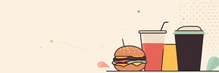 Poster - A delightful spread of burgers and refreshing drinks is set against a clean, minimalist backdrop, ideal for a casual dining experience. Generative AI
