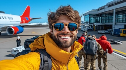 Young man in sunglasses taking selfie with smart mobile phone in front of airplane, travel lifestyle and vacation concept.