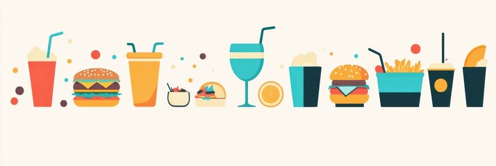 Leinwandbilder - A vibrant assortment of drinks and burgers is set against a minimalist background, creating a delightful invitation for casual dining. Generative AI