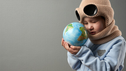 Child in goggle hat holding and examining a globe. The background is gray. Copy space