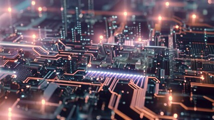 Poster - A detailed close-up view of a circuit board, showing vibrant red and blue lights illuminating various components, Layers of defense in a cyber security system