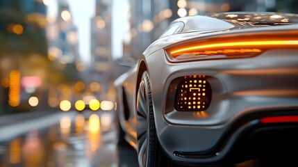 Futuristic high tech car with glowing GPS coordinates and advanced navigation system in a sleek modern 3D cityscape with towering skyscrapers