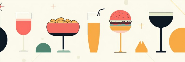 Leinwandbilder - A clean, minimalist backdrop showcases an array of drinks and burgers, ideal for refreshing summer fun with good company. Generative AI