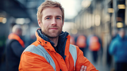 Confident construction worker in high-visibility jacket on industrial site during daytime