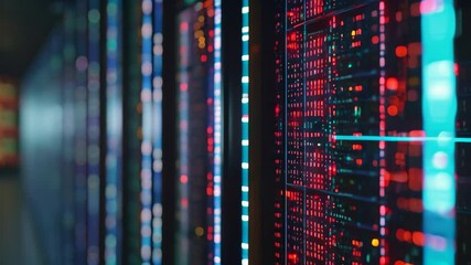 Poster - multiple rows of computer screens are neatly organized in a bustling data center, mainframe servers 