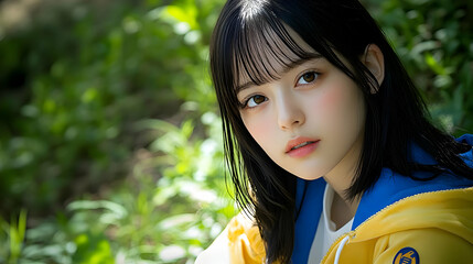 Poster - Girl with Long Black Hair in Yellow Hoodie Looks into Camera in a Green Forest