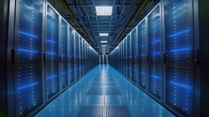 Poster - A Video showcasing neatly arranged rows of servers in a high-tech data center, Massive server room with endless racks