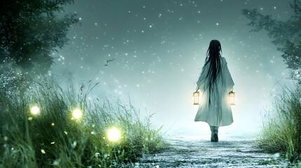 Canvas Print - A Woman Walks Alone in the Night, Carrying Lanterns, Through a Mysterious Forest Path Under a Starry Sky