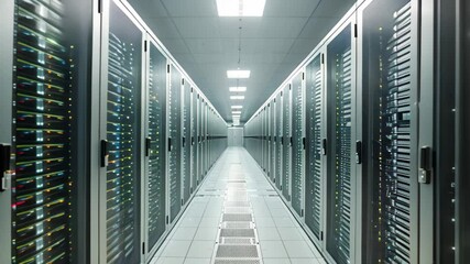 Poster - a video showcasing neatly organized rows of servers in a data center, massive server room with endle
