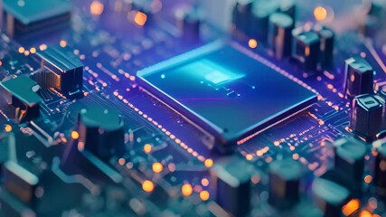 Poster - This close-up Videograph showcases the intricate details of a computer processor chip, revealing its complex design and structure, Microprocessor close-up, computer hardware concept