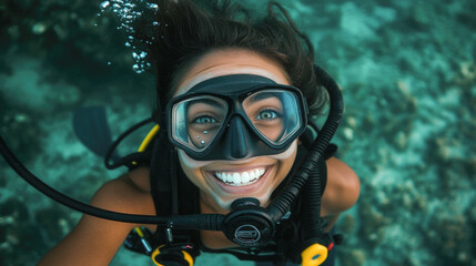 Smiling scuba diver exploring underwater world in crystal clear ocean