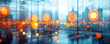 © Chanita - Abstract, glowing reflections on a wall of glass, combining warm and cool tones, cityscape backdrop, elegant modern interior with glowing orbs of light, ultra-realistic lighting.