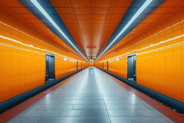 Empty subway station platform with bright orange walls and a long, straight path.