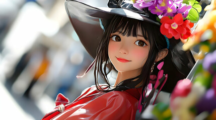 Sticker - Smiling Girl in Red Wearing a Hat and Flowers