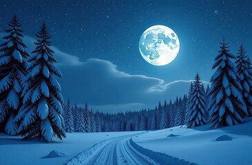 A serene winter night scene with a full moon shining brightly in the sky, snow gently falling, and a peaceful snowy landscape. It symbolizes tranquility, peace, and the beauty of winter