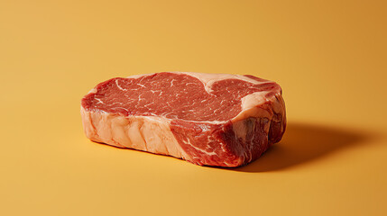 Minimalist raw ribeye steak isolated on bold orange background, high-resolution food imagery for culinary or butcher marketing, ultra-detailed marbling