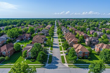 Aerial view of a suburban neighborhood with houses and lush green trees.