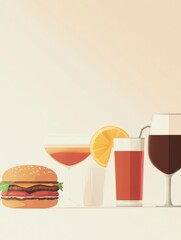 Leinwandbilder - A delightful arrangement of tasty burgers and various colorful drinks creates a welcoming atmosphere for casual dining and socializing. Generative AI