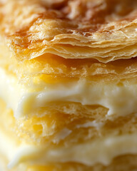 an extreme close-up, front view of the surface of a sliced mille-feuille, filling the entire frame with its intricate layers