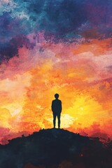 Wall Mural - Silhouette of a Person Standing on a Hill Against a Vibrant Sunset Sky