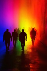 Canvas Print - Silhouetted Figures Walking Through Vibrant Rainbow Light Tunnel