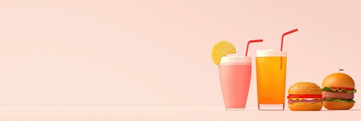 Leinwandbilder - Colorful drinks and tasty burgers are arranged neatly on a minimal backdrop, perfect for an inviting summer feast with friends. Generative AI