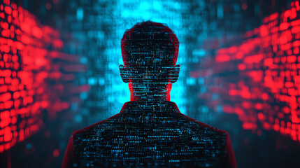 Mysterious hacker in the digital world, glowing red and blue matrix of code, futuristic cyber warfare theme, dark and vibrant tech aesthetics, shadowy figure immersed in binary data