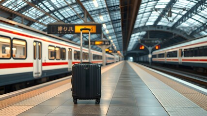 Luggage at Japanese train station with airplane flying