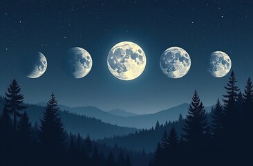 Phases of the Moon: waxing crescent, first quarter, waxing gibbous, full moon, waning gibbous, third guarter, waning crescent. Forest landscape with stars 