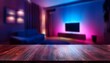 © Blind  - Close-up of modern living room with table room with a table, background, neon light background with light pink blue lights neon, Wood table with blurred modern apartment interior background, wallpaper
