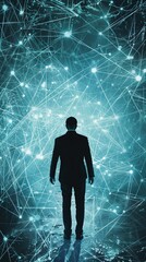 Wall Mural - Businessman Standing in Futuristic Digital Network with Glowing Connections and Data Streams