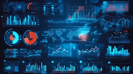 A futuristic display screen with various charts, graphs and data visualizations, including a world map and a pie chart.