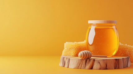 A glass jar of honey, a honey dipper, and honeycomb on a wooden stand against a yellow background.