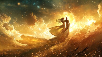 Wall Mural - A dreamlike scene depicts a couple standing on a cloud, enveloped in a cosmic setting filled with ethereal light and swirling golden hues. The figures are silhouetted against a backdrop of celestial e