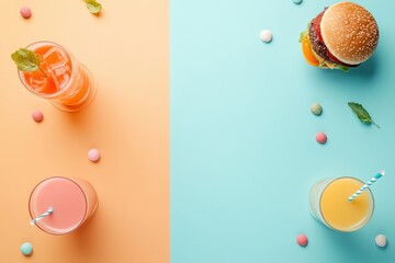 Poster - Delicious burgers sit alongside vibrant drinks on a minimalist two-tone background, evoking a fun, casual dining experience. Generative AI