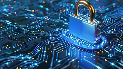 Poster - A padlock is seen securely fastened on top of a circuit board, providing protection and security, Network security firewall protecting against cyber threats