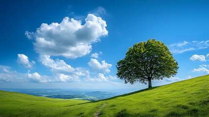 Canvas Print - A Single Tree Standing Tall on a Green Hill with Blue Sky and Clouds